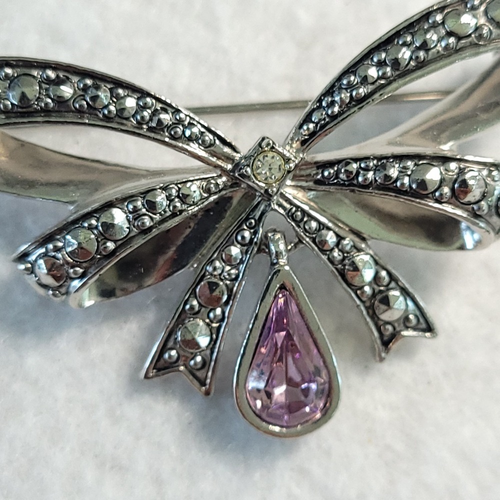 Vintage Avon Pink Faux Tourmaline Bow Brooch Silver Tone Marcasite Rhinestone